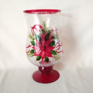 Brylane Home Hand-Painted Poinsettia Hurricane Crackle Glass Holiday Candle